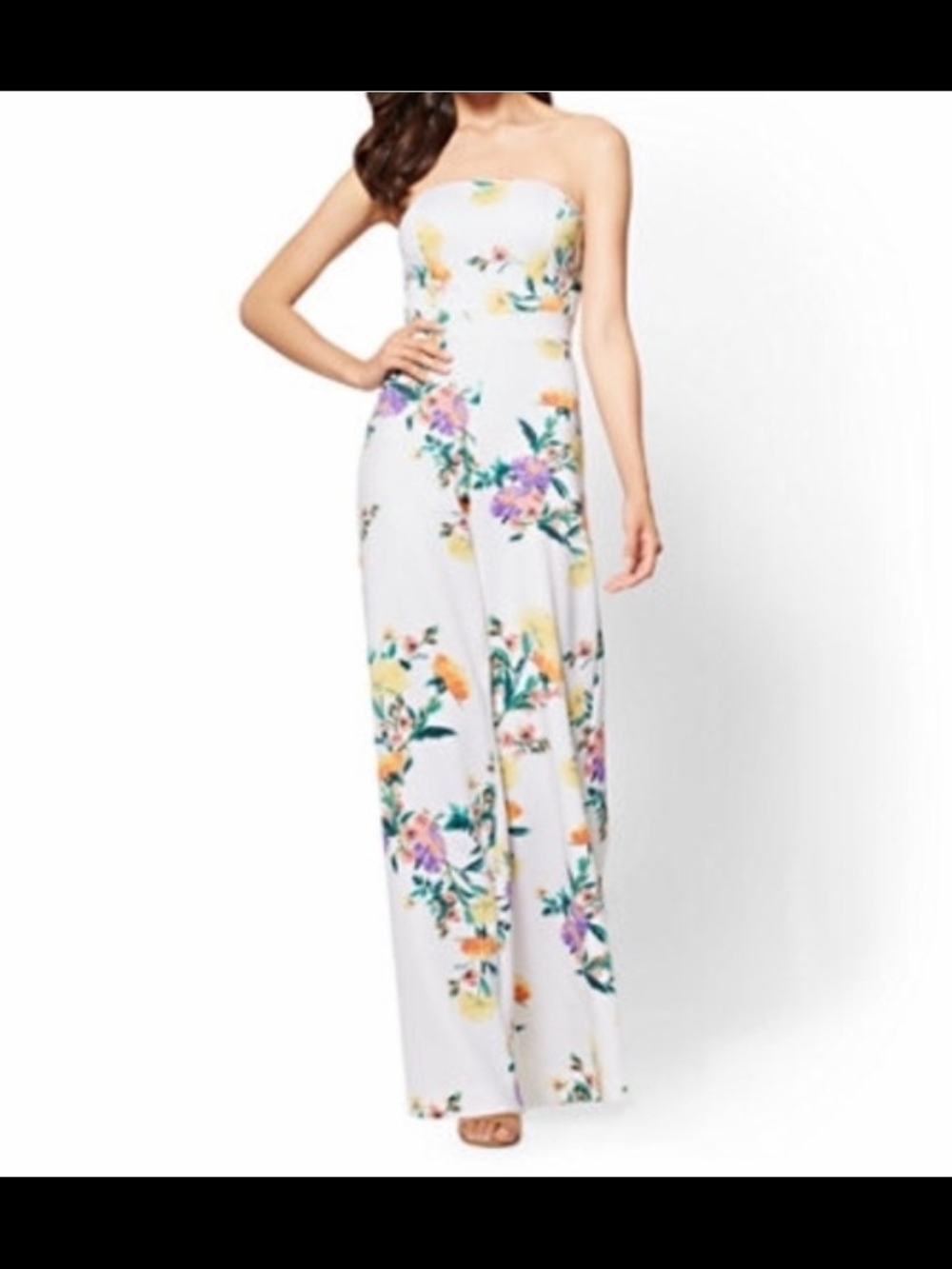 New York & Company White Strapless Floral Jumpsuit